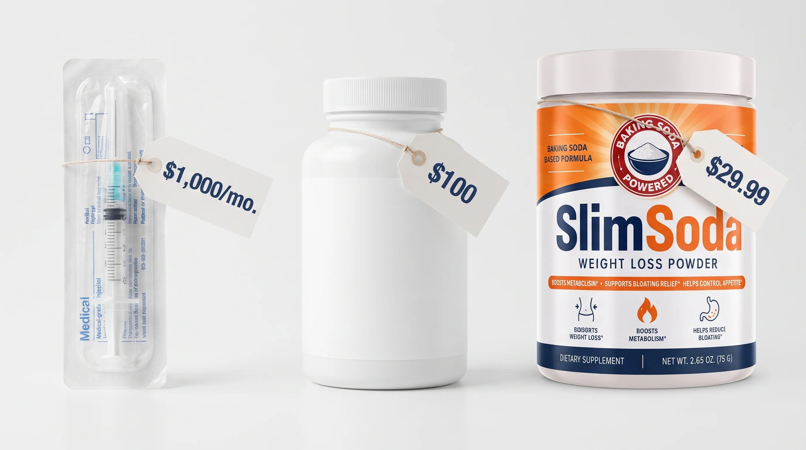 Price comparison graphic with a $1,000 per month syringe, a $100 fancy capsule bottle, and a SlimSoda tub at $29.99